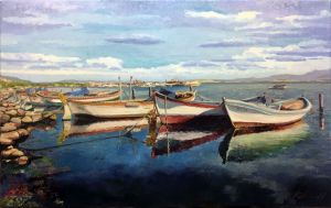 Painting, Seascape - Fishing pier, longboats