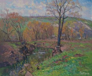 Painting, Landscape - A tree at a river turn in spring.