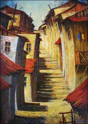 Painting, City landscape - Old city in Armenia