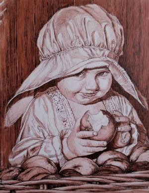 Graphics, Genre drawing - Girl with an apple