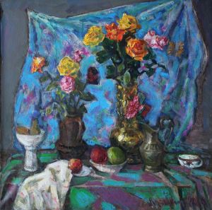 Painting, Still life - Golden vase with roses.
