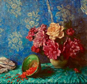 Painting, Still life - Flowers and wild strawberries