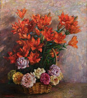 Painting, Still life - Roses and lilies