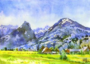 Graphics, Impressionism - Village in the Alps
