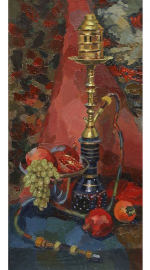 Painting, Still life - Still life with a hookah in an oriental style