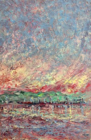 Painting, Landscape - YAhty-ostrova-i-rozovye-oblaka