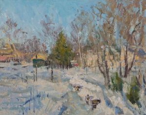 Painting, Impressionism - snow-covered park