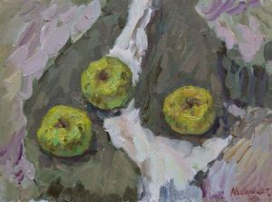 Painting, Still life - green apples