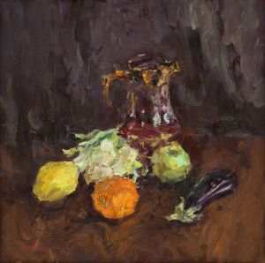 Painting, Still life - fruits, vegetables and wine