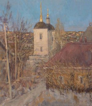 Painting, City landscape - Vvedenskaya Church at sunset