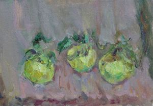 Painting, Still life - three green apples
