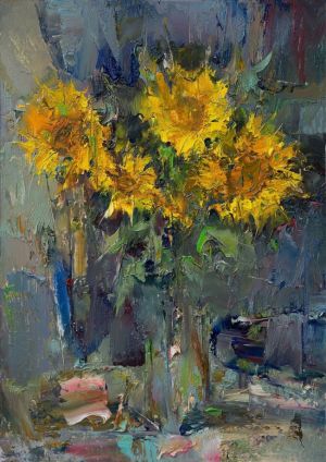 Painting, Still life - Sunflowers at the evening window