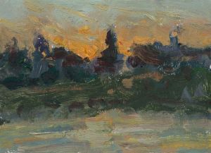 Painting, Landscape - Sunset by the river