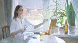 Painting, Portrait - Self-portrait in front of a window