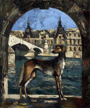 Painting, Animalistics - Dog on the river Seine