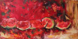 Painting, Still life - Sketch with watermelons.