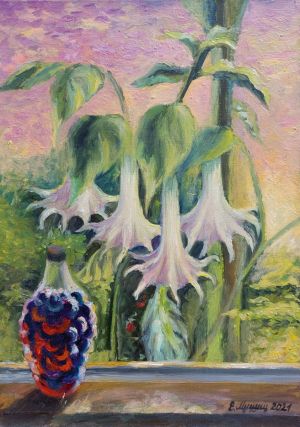 Painting, Landscape -  Brugmansias and wine