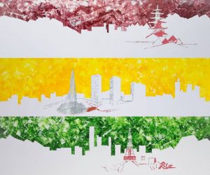 Painting, City landscape - The Japanese cities of Kyoto, Sapporo, Sagamihara. Triptych