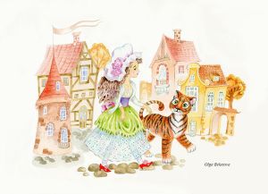 Graphics, Watercolor  - Girl with the tiger on walk