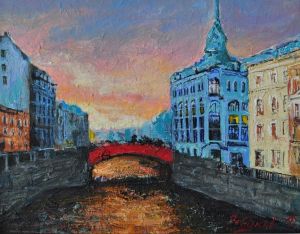 Painting, City landscape - The red bridge