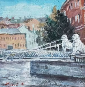 Painting, City landscape - Lions. Bridge
