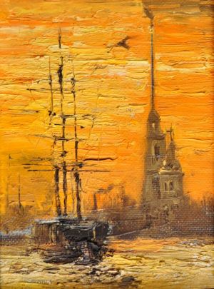 Painting, City landscape - Sunset over the Peter and Paul Fortress