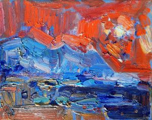 Painting, Seascape - Blue mountain, red sky