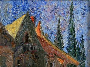 Painting, Impressionism - Palace in cypress trees