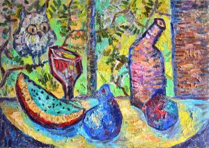 Painting, Still life - Owl and blue pear