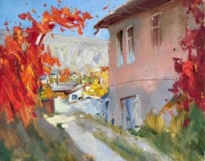 Painting, Landscape - Red vineyard near the house