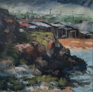 Painting, Expressionism - The bay at the fishing houses. Crimea