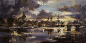 Painting, City landscape - Dresden, Elbe embankment