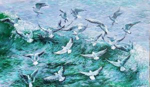 Painting, Seascape - Seagulls over the wave