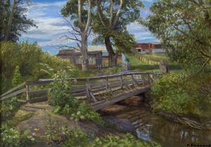 Painting, Landscape - Village bridge