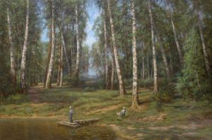 Painting, Landscape - Birch grove.Fishermen