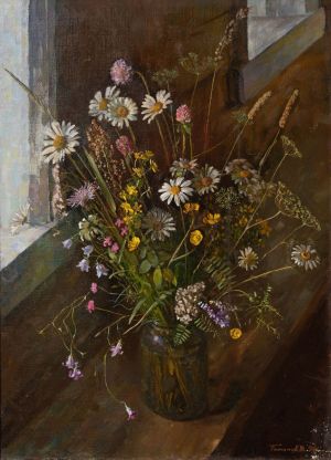 Painting, Still life - «A bouquet of flowers in a hut».