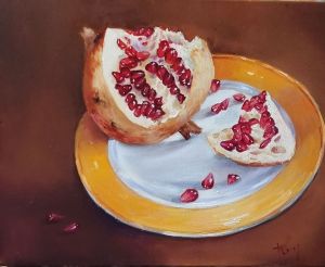 Painting, Still life - ripe pomegranate