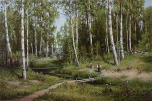 Painting, Landscape - A stream in a birch forest