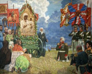 Painting, Plot-themed genre - Pered-chudotvornoy-ikonoy-Bogomateri-Odigitrii-Smolenskoy-na-Borodinskom-pole-v-avguste-1812-goda