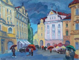 Painting, City landscape - Parade of umbrellas on the Old Town Square. Prague.