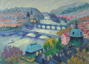 Painting, City landscape - The morning is foggy. Prague.