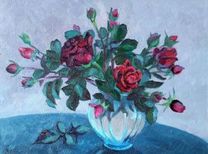 Painting, Still life - 17 roses for your beloved.