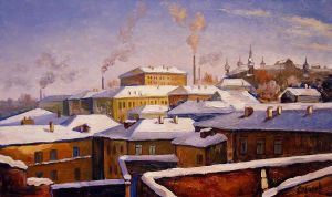 Painting, City landscape - Roofs under snow. Kazan city