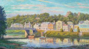 Painting, City landscape - Evening view of the Tvertsa embankment in Torzhok