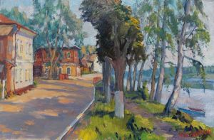 Painting, Realism - The embankment in the city of Ples