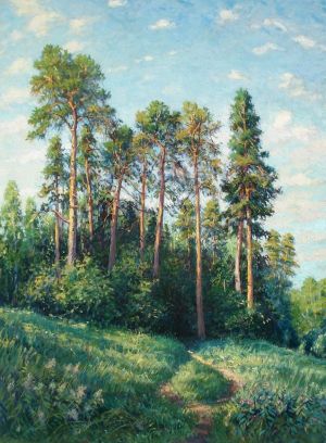 Painting, Landscape - Pine trees. Morning. Izmailovo