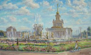 Painting, City landscape - VDNKH. Friendship of Peoples Fountain