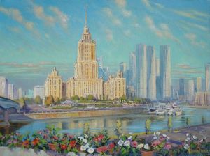 Painting, City landscape - View of Moscow in the morning from Krasnopresnenskaya embankment