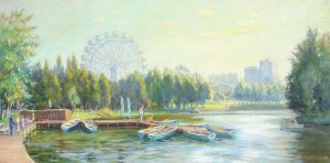 Painting, City landscape - At the boat station in Izmailovsky Park