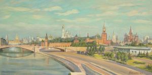 Painting, City landscape - View of the Kremlin from the Floating bridge in Zaryadye